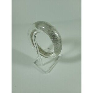 Vintage Chunky Confetti Silver Glitter Lucite Bangle Bracelet Clear Domed Top